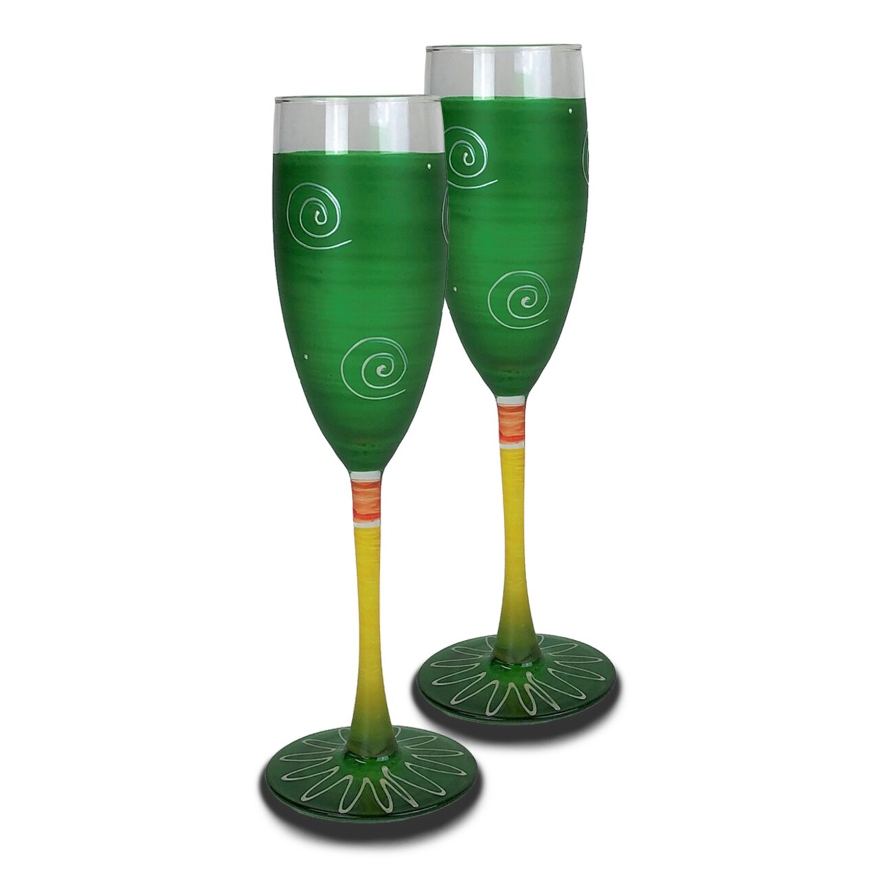Golden Hill Studio Set of 2 Green and White Contemporary Hand Painted Wine Glasses 5.75 oz.